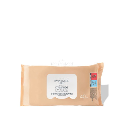 Lingettes démaquillantes Byphasse à l'huile d'amande pour peau sensible 40pcs